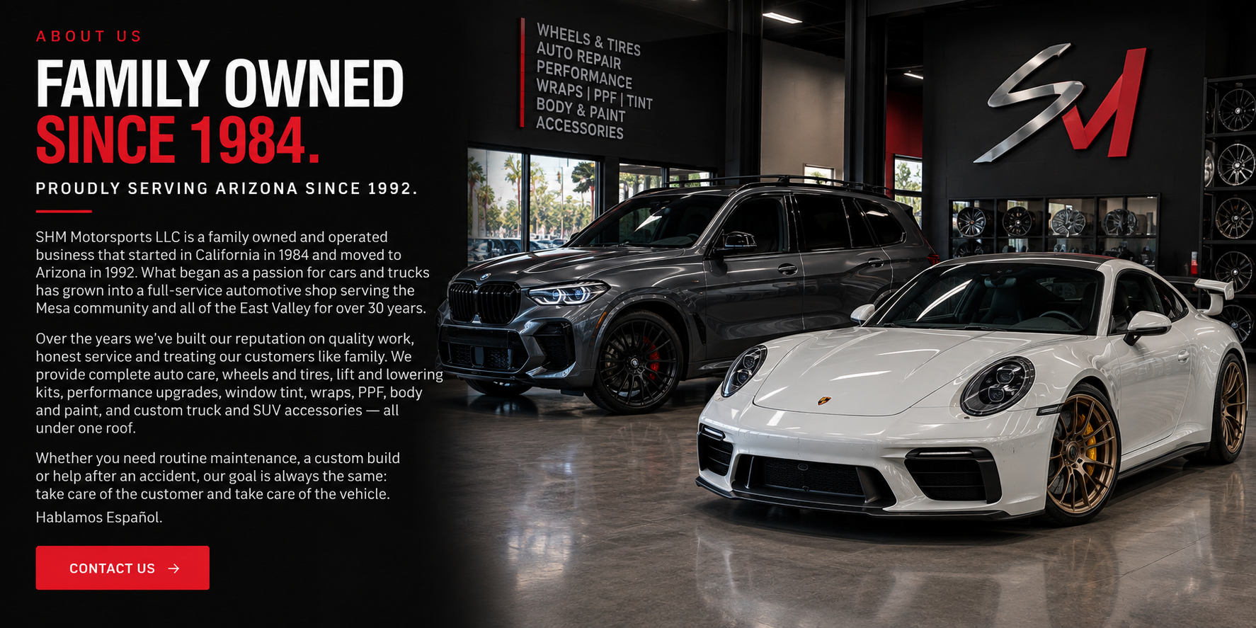 SHM Motorsports showroom with BMW X5 and Porsche 911