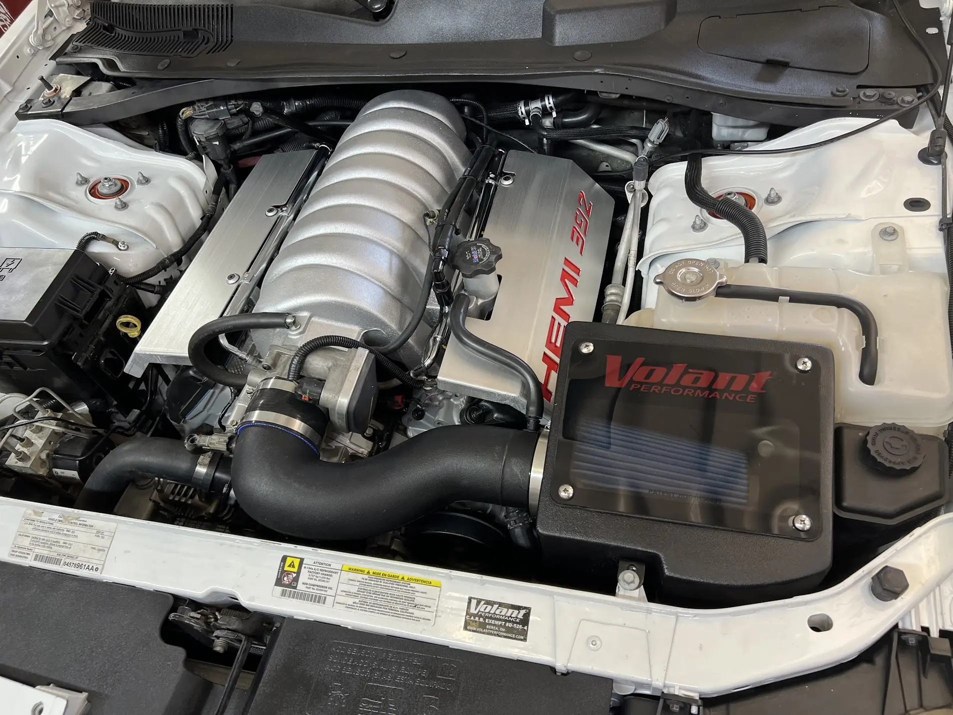 HEMI 392 engine bay with a Volant Performance cold air intake installed at SHM Motorsports