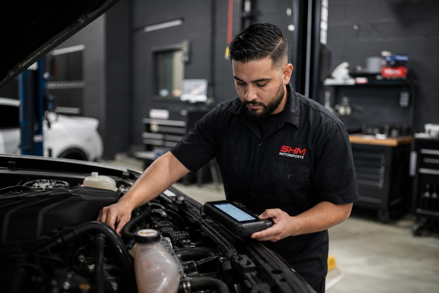 SHM Motorsports technician diagnosing a vehicle in the shop