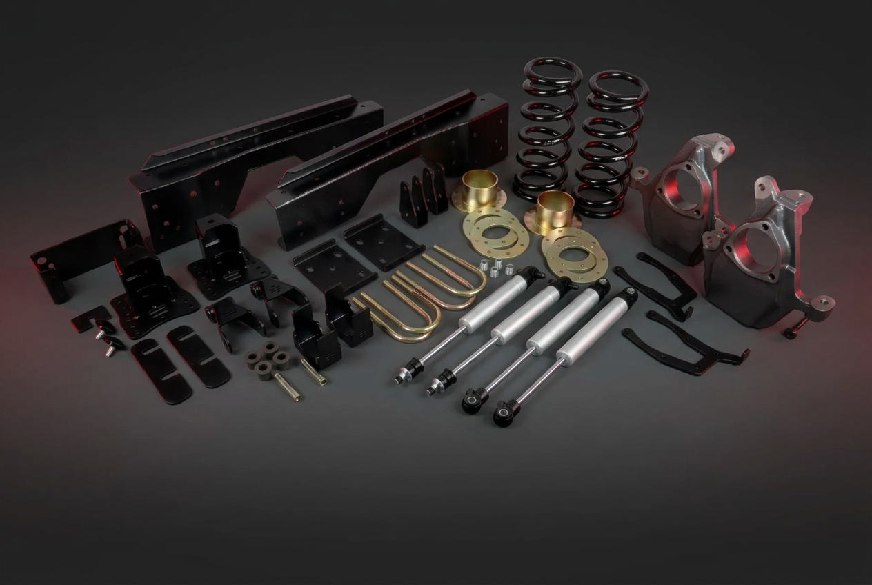Complete truck lowering kit with suspension components and hardware