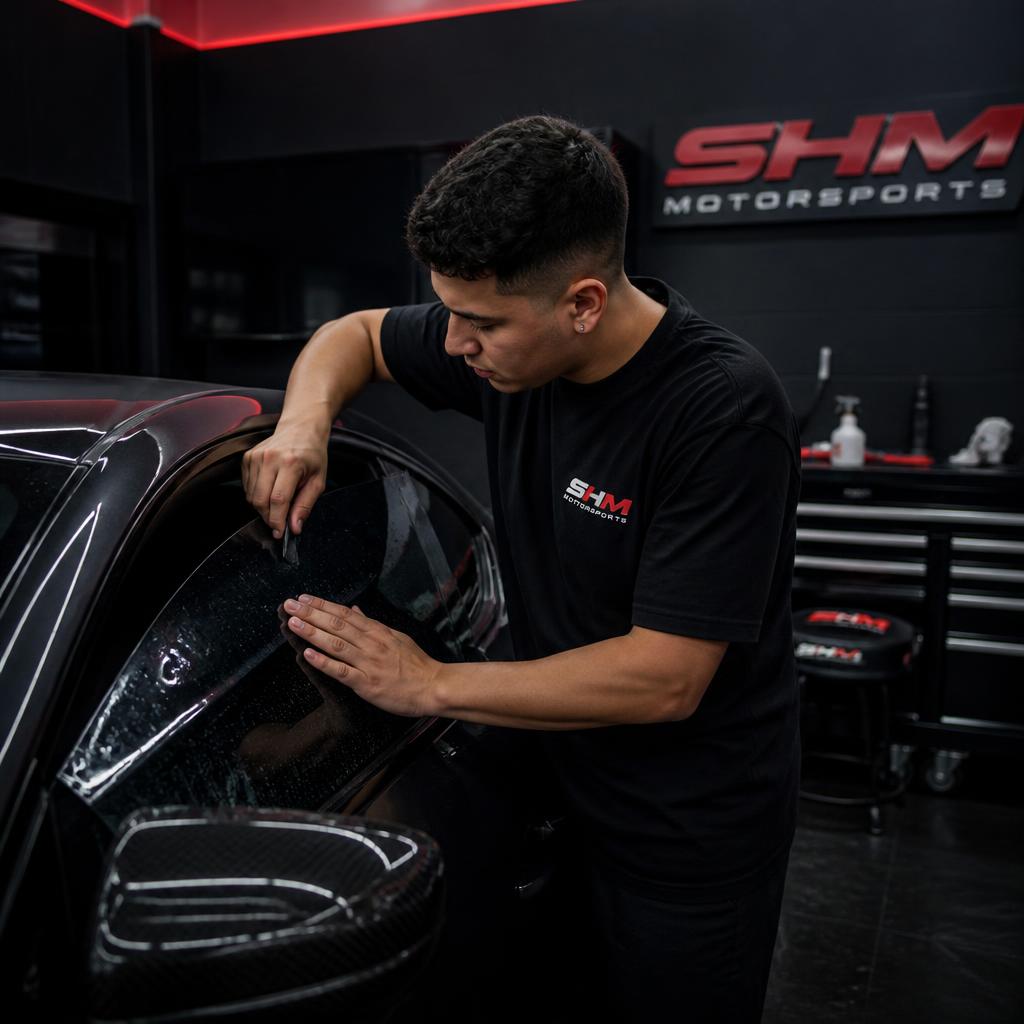 SHM Motorsports technician installing window tint