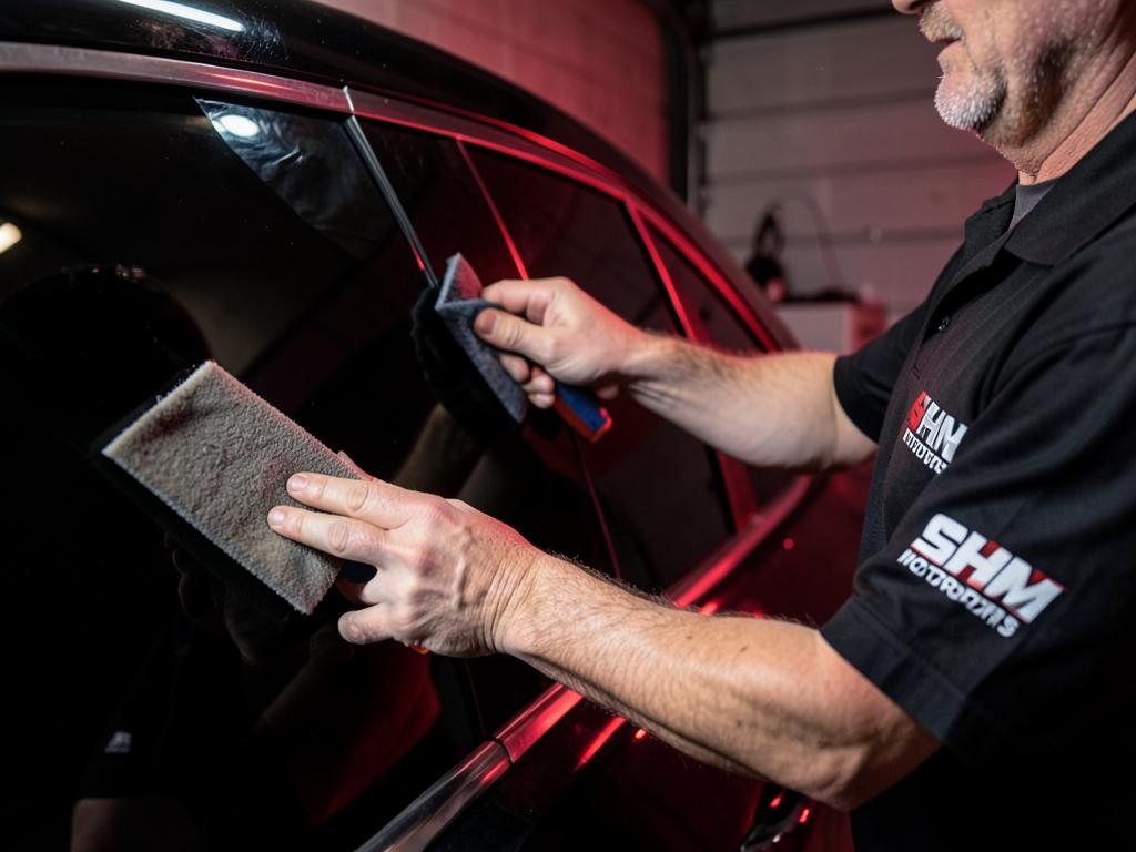 Window tint film being applied to a vehicle window