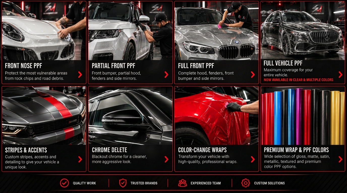 SHM Motorsports wraps and PPF services — front nose, partial front, full front and full vehicle PPF, stripes and accents, chrome delete, color-change wraps and premium wrap colors